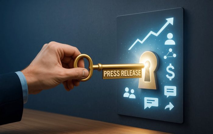Hand holding a golden key labeled “Press Release” unlocking a glowing keyhole with icons representing growth and communication