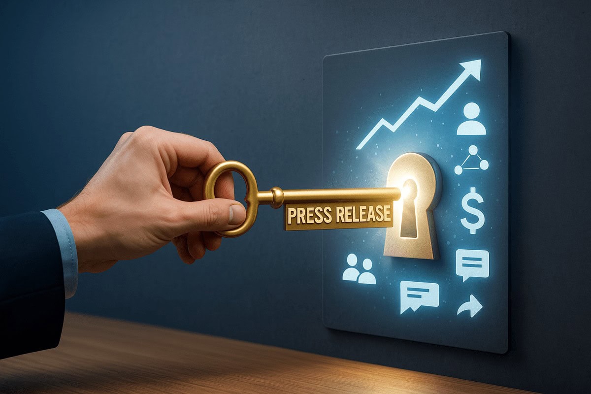 Hand holding a golden key labeled “Press Release” unlocking a glowing keyhole with icons representing growth and communication