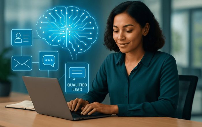 A photorealistic businesswoman (30s, diverse representation ideal), sitting at a minimalist desk with a laptop open.