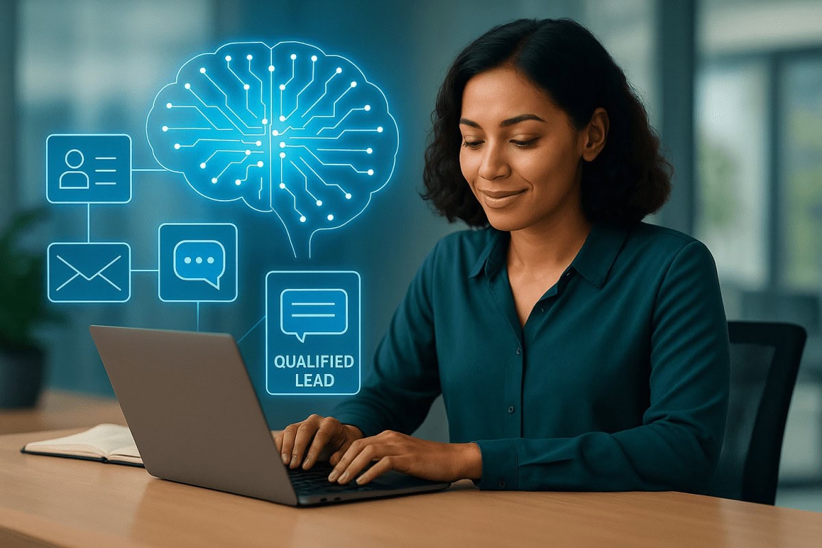 A photorealistic businesswoman (30s, diverse representation ideal), sitting at a minimalist desk with a laptop open.