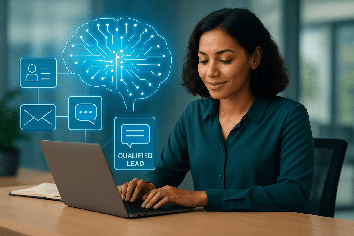 How AI Supercharges Lead Generation for B2B Brands A photorealistic businesswoman (30s, diverse representation ideal), sitting at a minimalist desk with a laptop open.