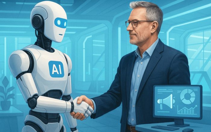 Photo-realistic Male CMO shaking hands with an illustrated AI Robot at a futuristic digital marketing agency.