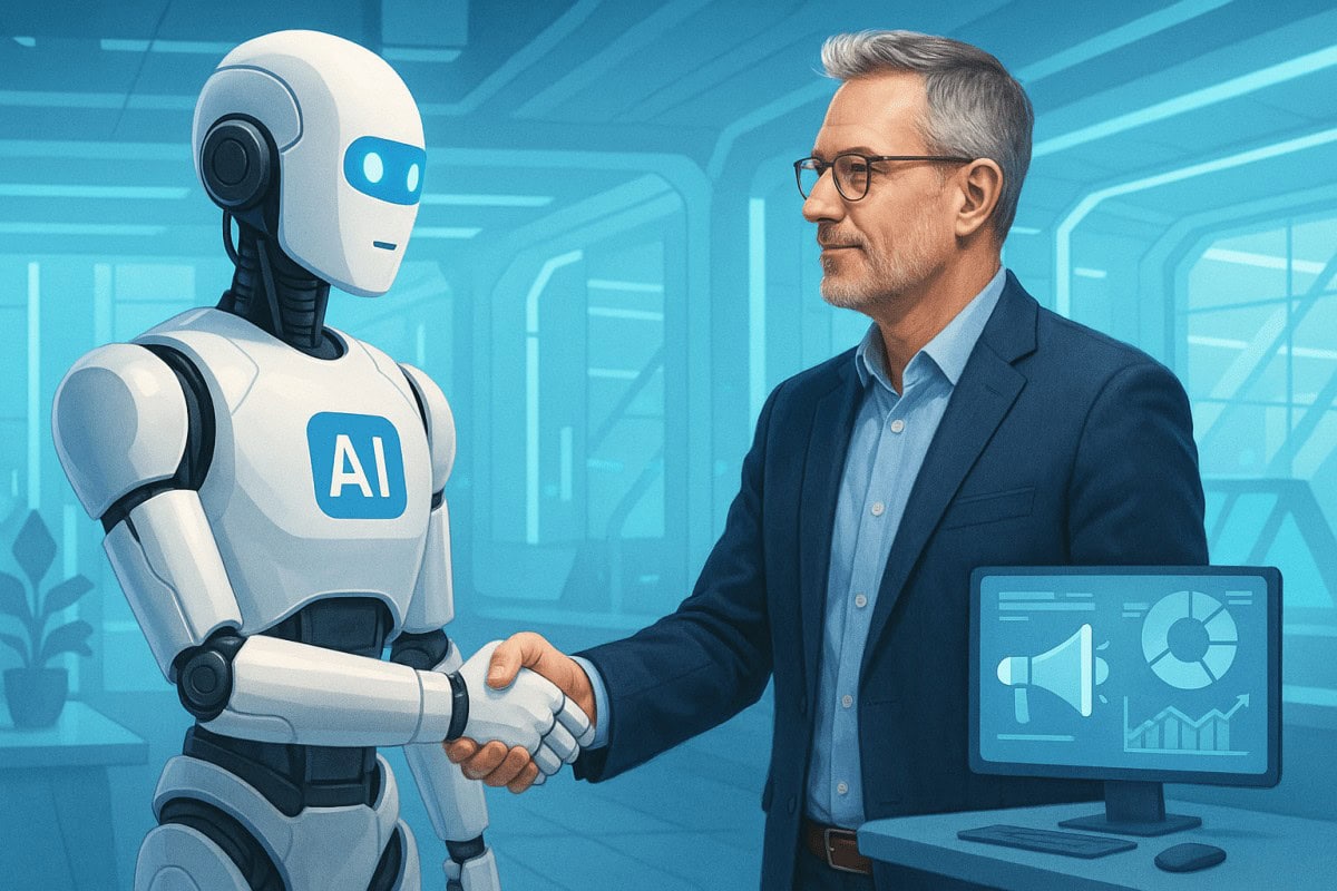 Photo-realistic Male CMO shaking hands with an illustrated AI Robot at a futuristic digital marketing agency.