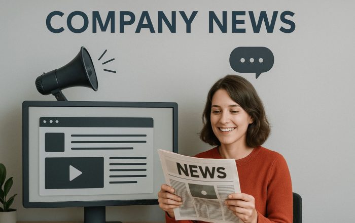 a photorealistic woman reading an animated style newsletter at a desk