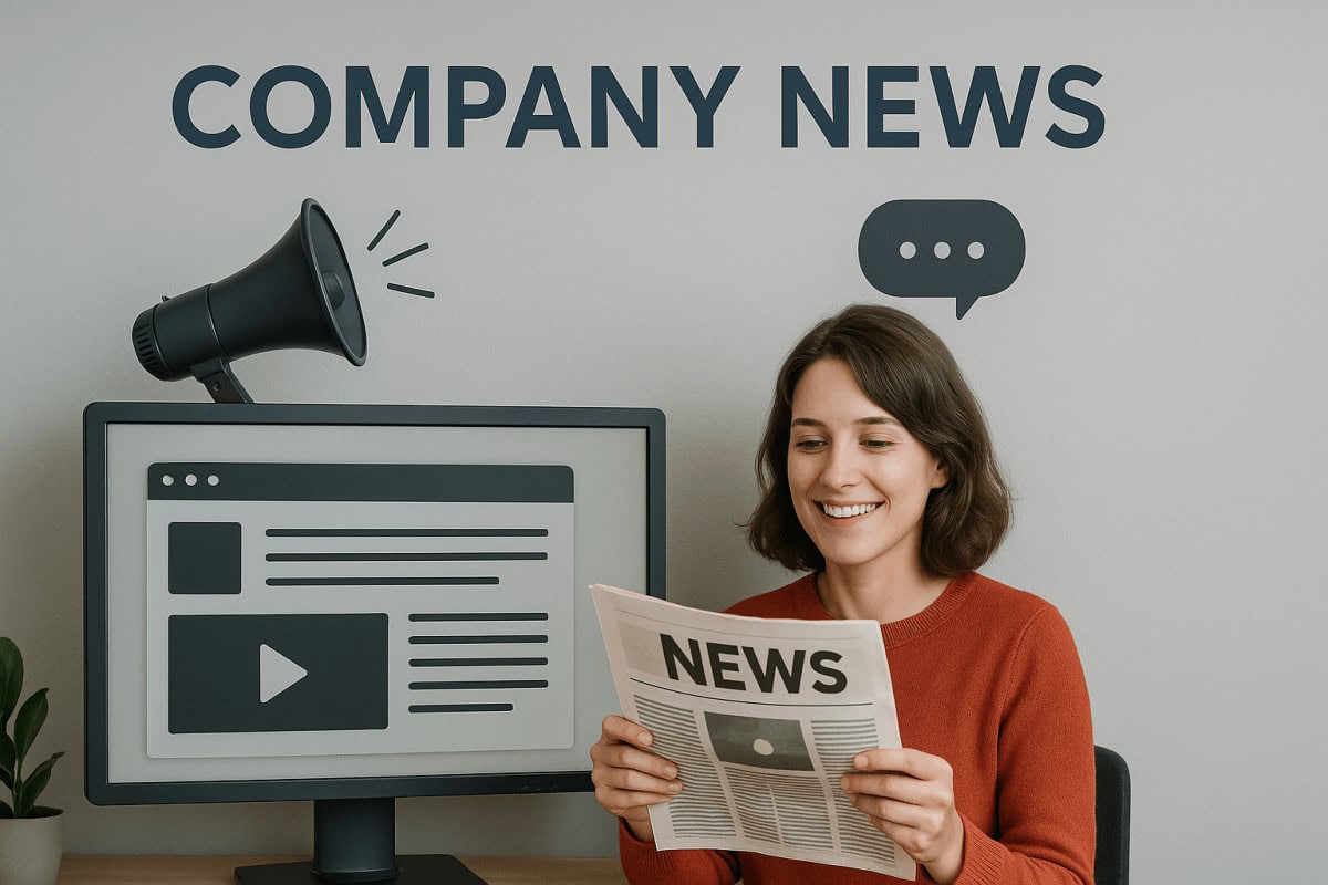 a photorealistic woman reading an animated style newsletter at a desk