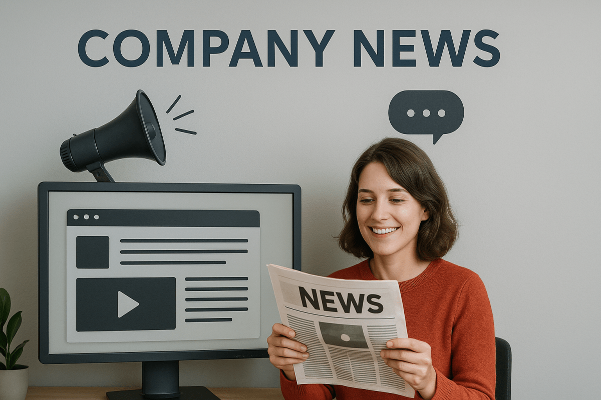 a photorealistic woman reading an animated style newsletter at a desk