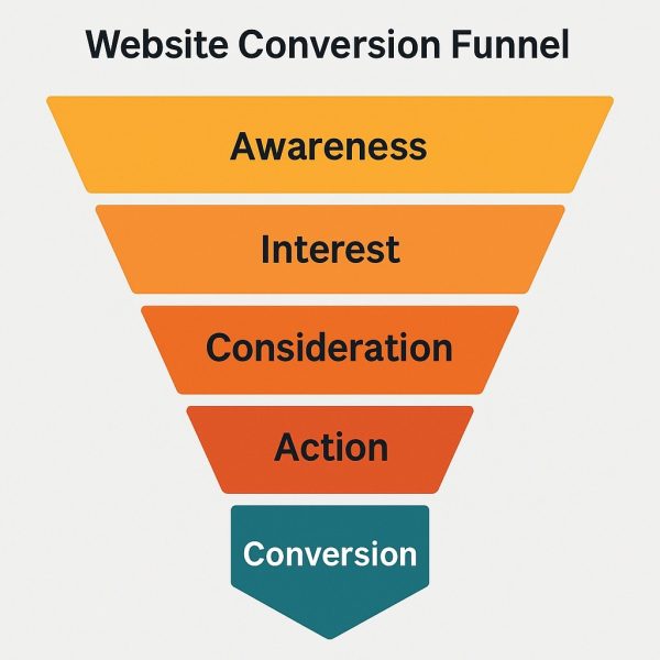 Website conversion funnel diagram showing five stages: Awareness, Interest, Consideration, Action, and Conversion.