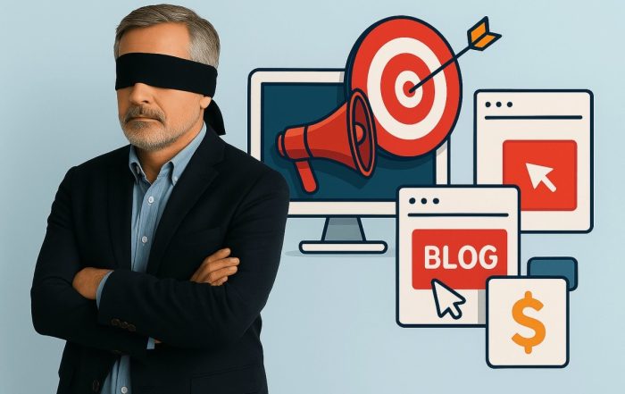 Blindfolded businessman with his back to digital marketing tools