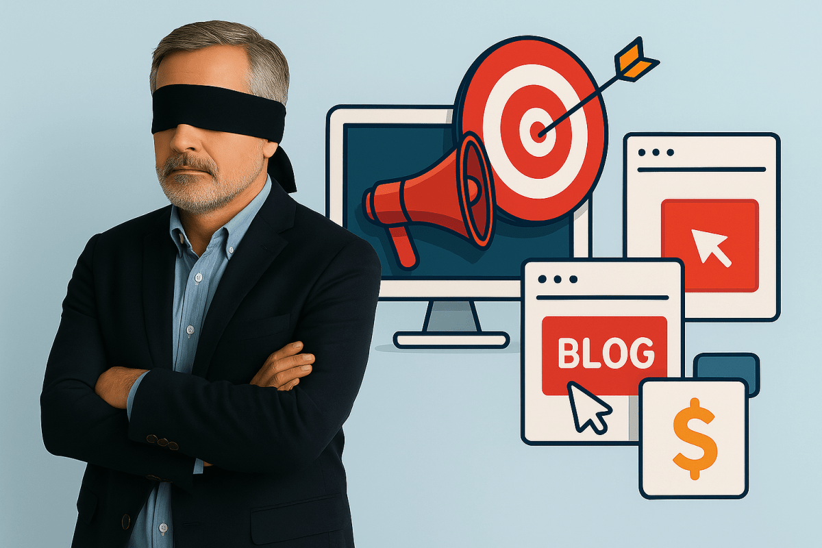 What Is the Cost of Marketing Inaction to your Business? Blindfolded businessman with his back to digital marketing tools