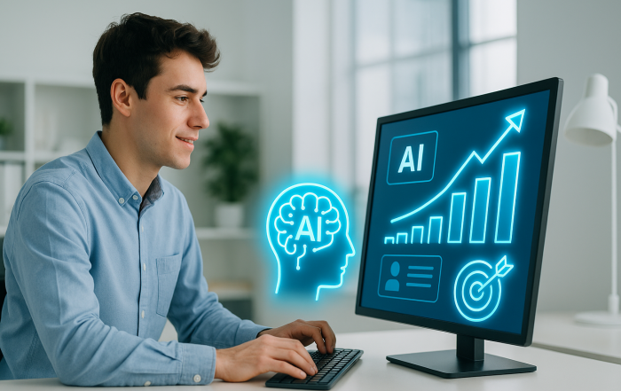Young male marketing professional reviewing an AI-powered dashboard with glowing icons for data analysis and business growth