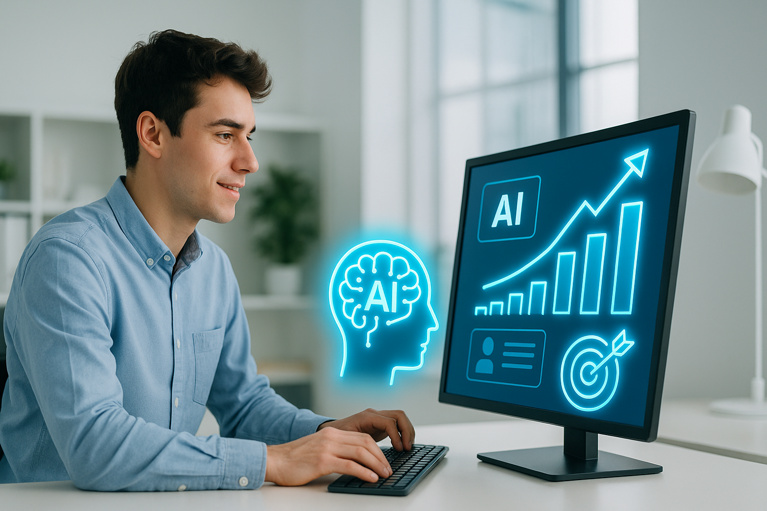 sf-align-marketing-with-business-goals Young male marketing professional reviewing an AI-powered dashboard with glowing icons for data analysis and business growth