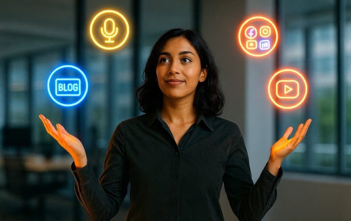Young female digital marketer juggling glowing neon icons for blog, social media, podcast, and video platforms in a modern office setting.