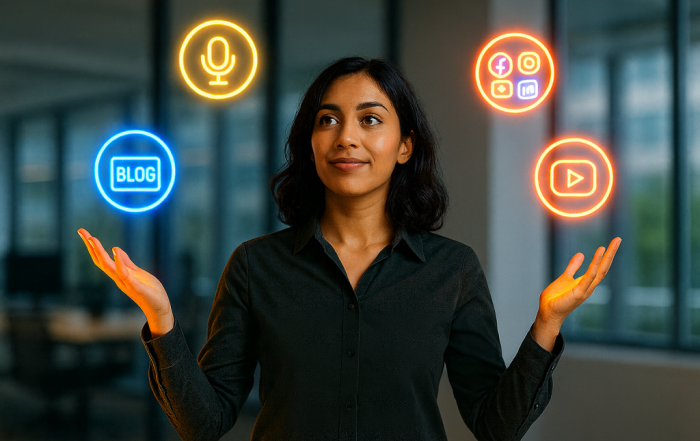 Young female digital marketer juggling glowing neon icons for blog, social media, podcast, and video platforms in a modern office setting.