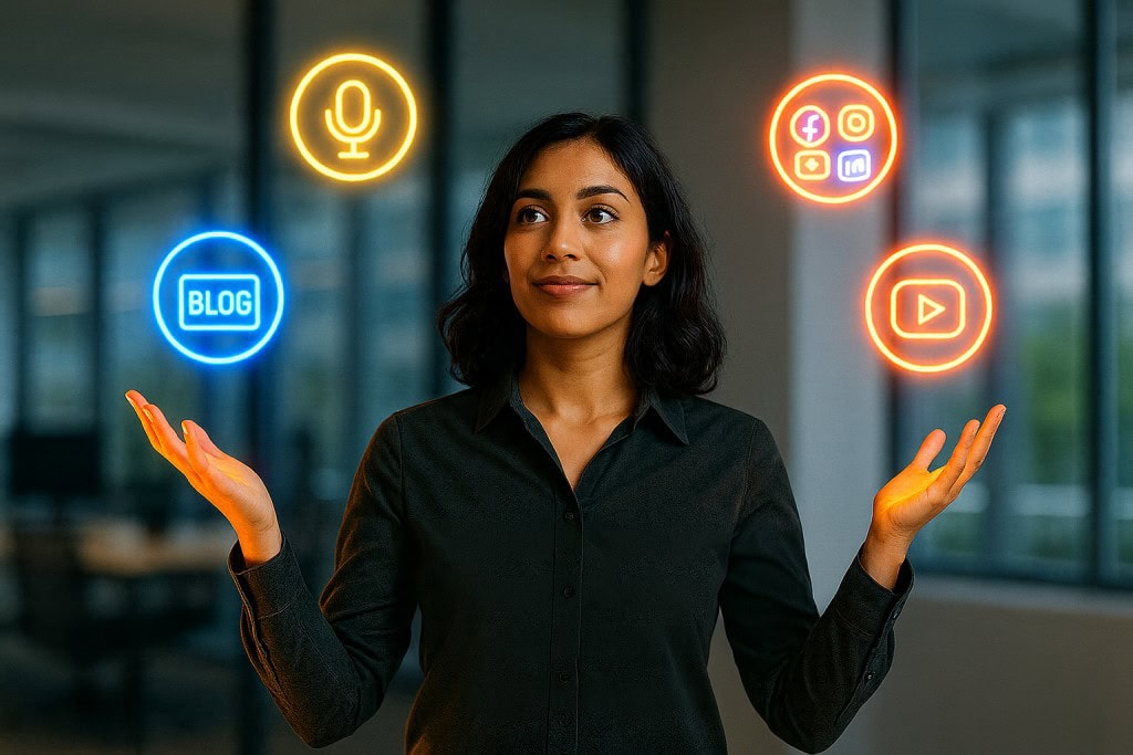 Young female digital marketer juggling glowing neon icons for blog, social media, podcast, and video platforms in a modern office setting.