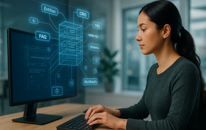 Female marketing strategist typing at a desk, reviewing a glowing 3D SEO content blueprint with labeled data blocks and schema elements