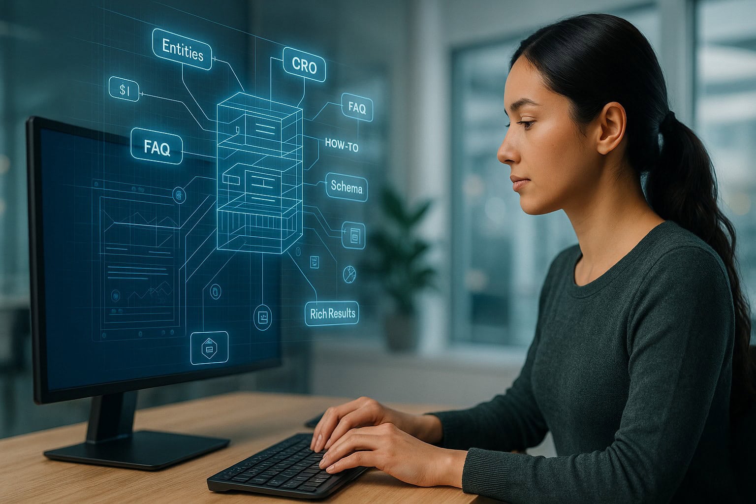 Female marketing strategist typing at a desk, reviewing a glowing 3D SEO content blueprint with labeled data blocks and schema elements