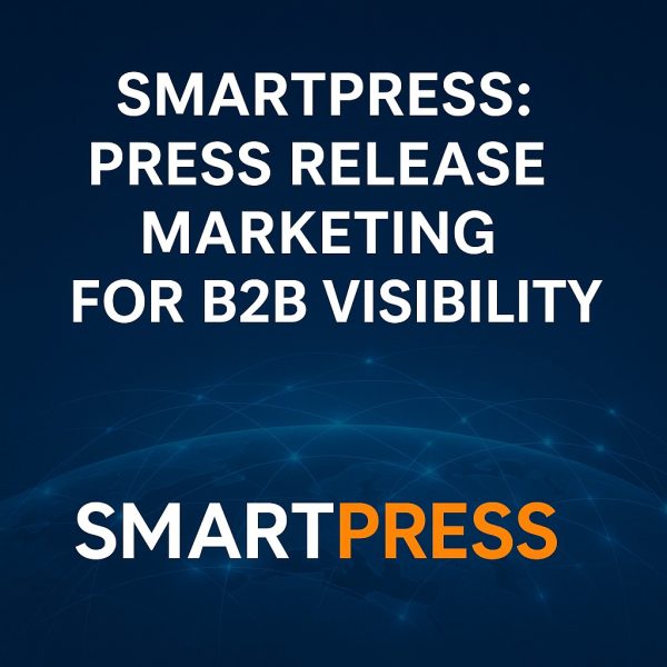 B2B Press Release Marketing visual by SmartPress showing digital connectivity, media visibility, and global distribution for SmartFinds Marketing clients.