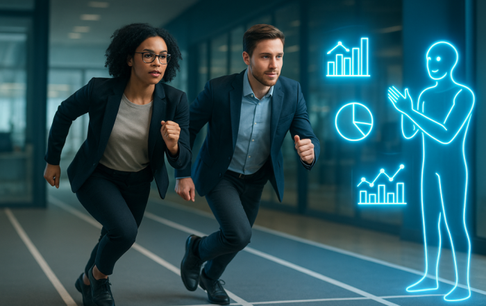 Two digital marketing professionals sprint side by side on glowing office tracks, with a futuristic AI figure cheering from the sidelines and holographic analytics floating behind them