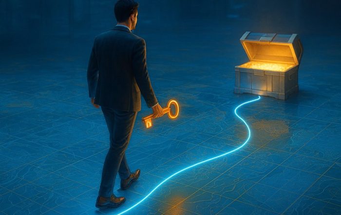 A business professional walks along a glowing neon-blue path on a digital map floor, holding a golden key toward a treasure chest emitting warm light, symbolizing unlocking growth opportunities.