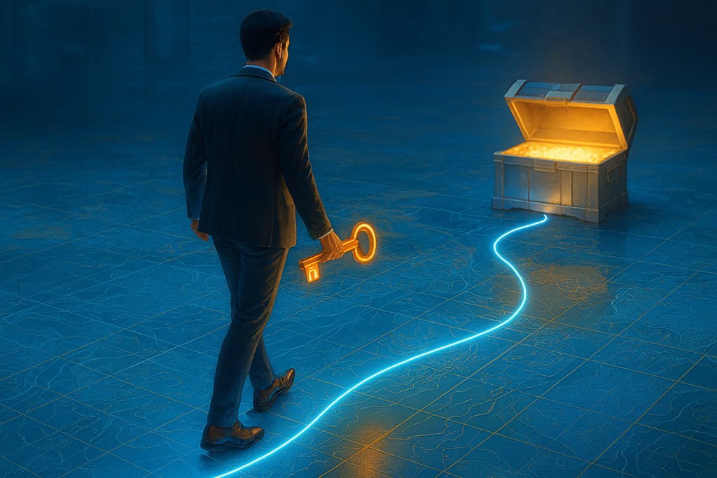 A business professional walks along a glowing neon-blue path on a digital map floor, holding a golden key toward a treasure chest emitting warm light, symbolizing unlocking growth opportunities.