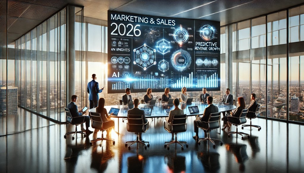 CEO presenting future-focused marketing strategy to executive team in modern boardroom with digital screen displaying AI-driven insights and analytics.