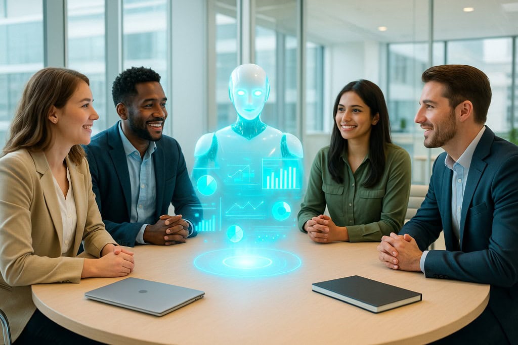 Four diverse digital marketers sit around a circular table with a glowing AI assistant projecting data charts in a bright, modern office.