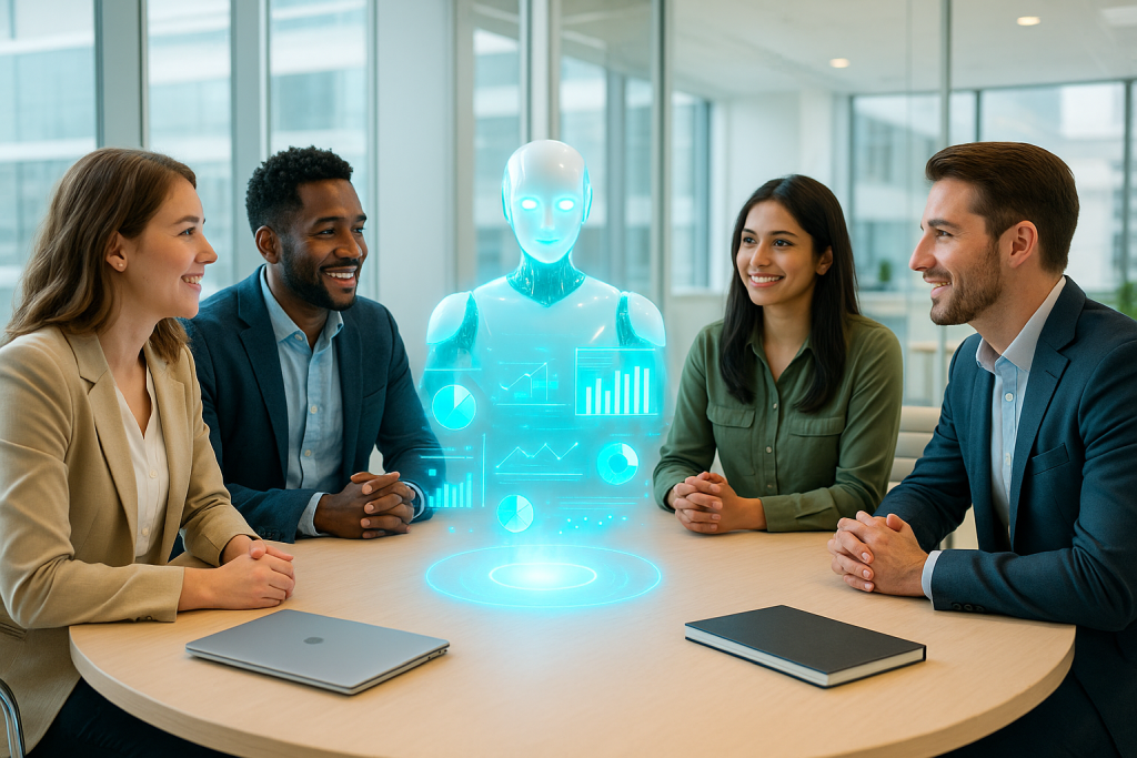 Four diverse digital marketers sit around a circular table with a glowing AI assistant projecting data charts in a bright, modern office.