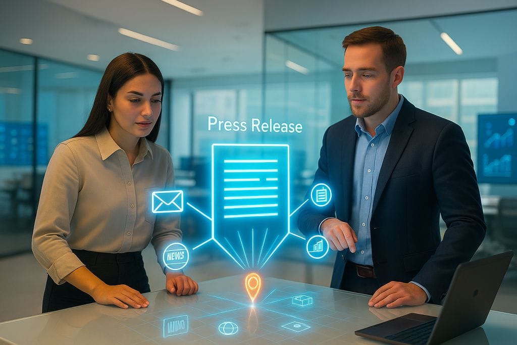 Two digital marketing professionals analyze a glowing press release interface in a bright, modern office, highlighting SmartPress distribution channels and visibility tools.