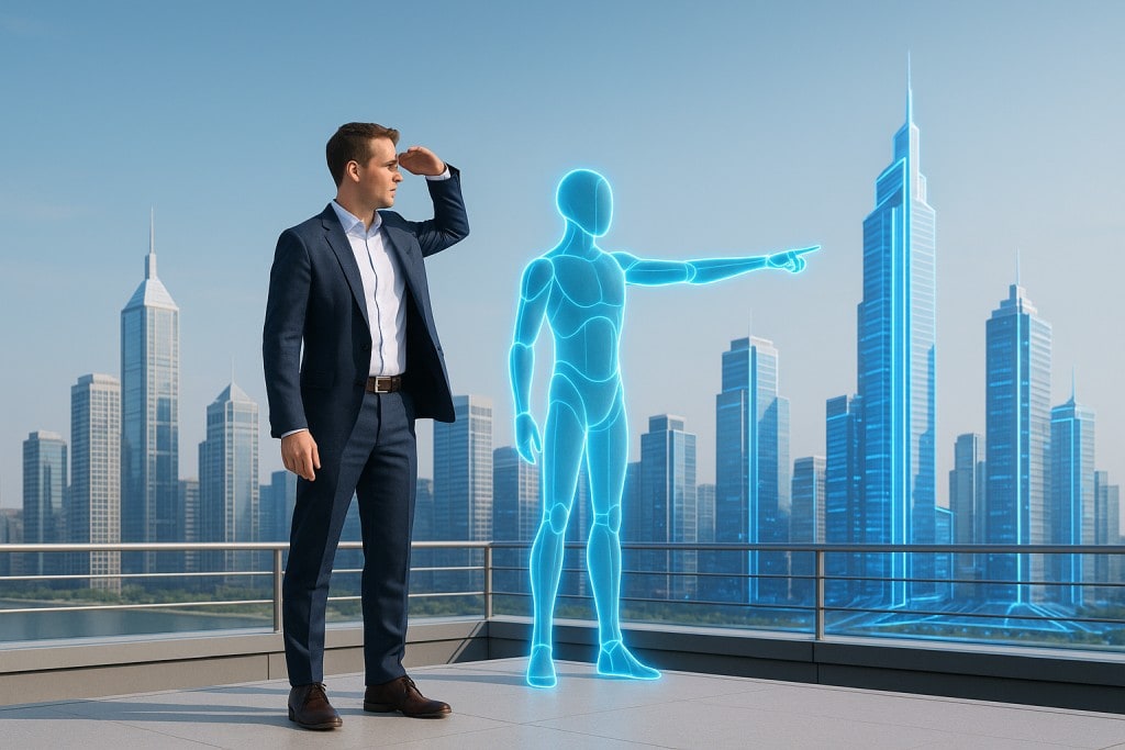 A business leader stands on a rooftop beside a glowing AI avatar pointing toward an increasingly futuristic city skyline, symbolizing AI-driven leadership and the future of innovation.